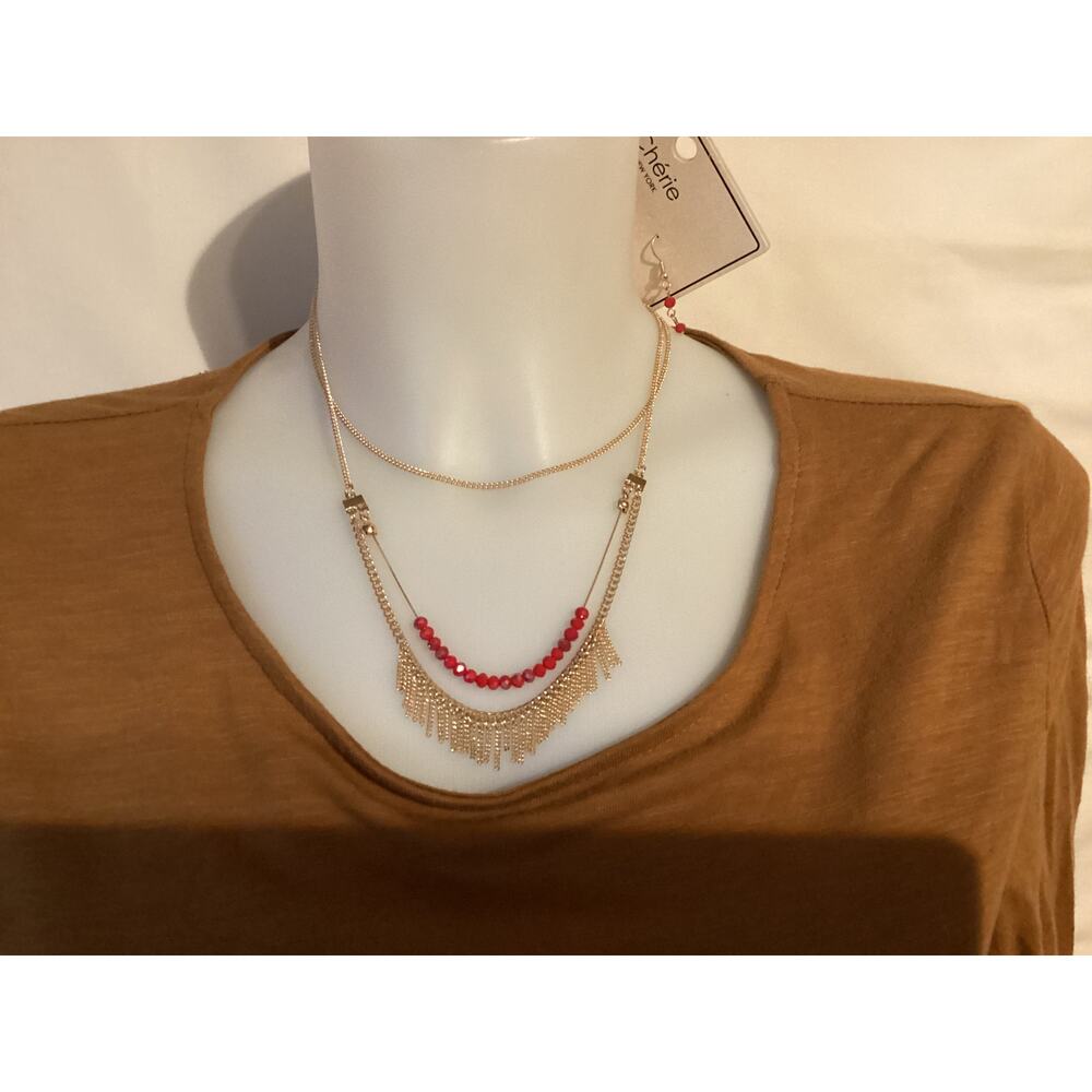 1800 NWT Cherie NY 20" 3 Row Red and Gold Necklace w/Matching Earrings